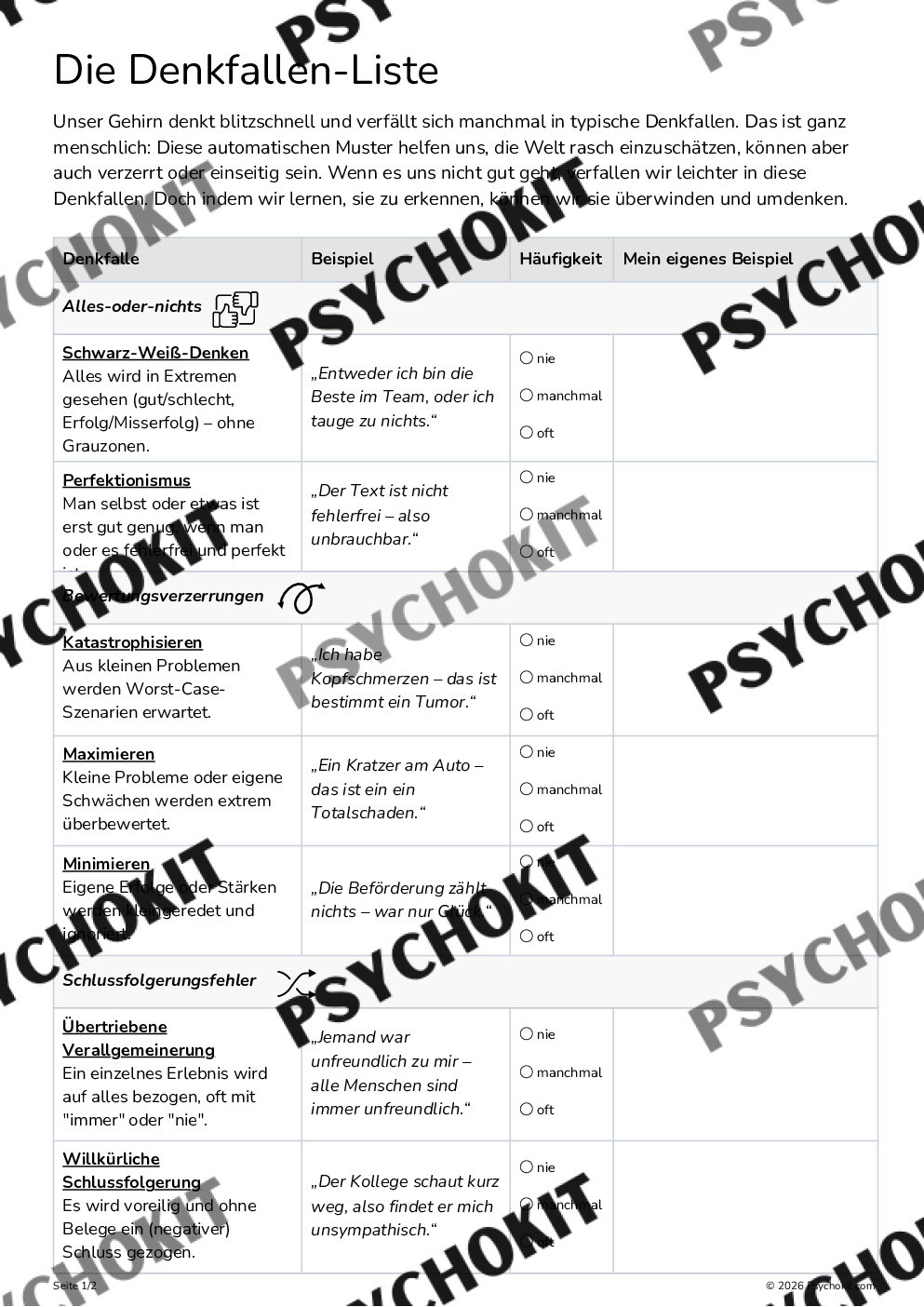 Denkfehler-Liste (Beck) Arbeitsblatt mit Beispielen - Vorschau Seite 2