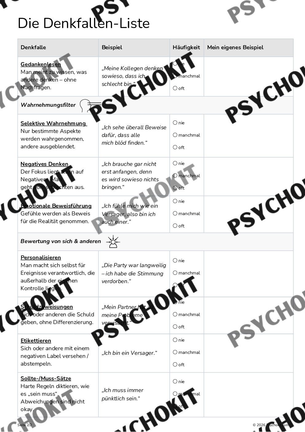 Denkfehler-Liste (Beck) Arbeitsblatt mit Beispielen - Vorschau Seite 3