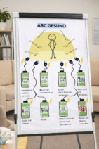 Poster „ABC Gesund“: Zentrale gelbe lachende Strichmännchen-Figur mit ausstrahlenden Sonnenstrahlen; acht grüne Akkus mit Icons und Labels zu Angenehmem (Herz), Baun von Verhalten (Hand), Chancen (Glühbirne), Gemüt (Gesicht), Essen/Trinken (Apfel), Schlaf (Mond), Unerholsamkeiten (Warnschild), Drücken/Verboten (verbotenes Zeichen); unten Pfeile zu Raumumgebung mit Whiteboard, Pflanze, Büchern.