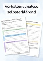 Thumbnail vom Arbeitsblatt der Verhaltensanalyse (SORCK). Zeigt die beiden Arbeitsblätter vor einem blauen Hintergrund mit der Überschrift "Verhaltensanalyse selbsterklärend".